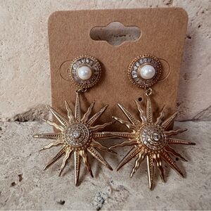 Elegant Gold Sunburst Earrings with Pearl Accents & Baguette Crystals |